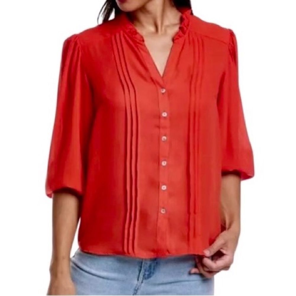 Nanette Lepore Pintuck Pleated Blouse with 3/4 Sleeve in Muted Red Women’s S
